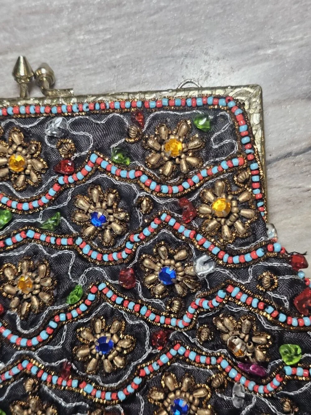 VTG Black Beaded Evening Bag Clutch Floral India